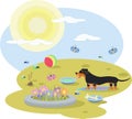 Abstract illustration of a Dachshund dog with toys in a meadow on a Sunny day