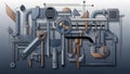 Components like cogs, spanners, and pipes interlink in an intricat Royalty Free Stock Photo