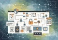 Abstract illustration of a digital workflow with interconnected icons representing security, data Royalty Free Stock Photo