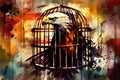 An abstract illustration of an eagle inside of a bird cage. Freedom concept. Created with Generative AI