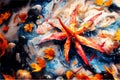 Abstract illustration, Fallen star in darkness, colorful polychromatic