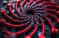 Abstract illustration features intricate red, black mechanical components. Design forms dynamic spiral against dark background. Royalty Free Stock Photo