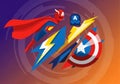 The image includes elements like a red cape, a lightning bolt, and a shield Royalty Free Stock Photo