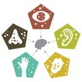 An abstract illustration of the five senses with simple icons