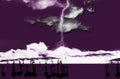 Abstract illustration of flamingo birds silhouettes against thunderstorm background in black, purple and white color.