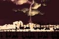 Abstract illustration of flamingo birds silhouettes against thunderstorm background in sepia color.