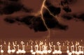 Abstract illustration of flamingo birds silhouettes against thunderstorm background in sepia color.