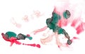 Abstract round malachite spots in pink rays of light and scarlet splashes