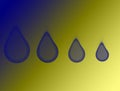 Abstract illustration of four different size falling water drops on blurred blue yellow background. Oil, water  or  liquid drops. Royalty Free Stock Photo