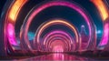 Abstract illustration of futuristic road tunnel with glowing neon lights in the dark night