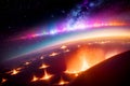 Abstract illustration of formation of young planet, exploding volcanos, galaxy, planets, stars