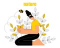Abstract illustration, girl, plants and flying bee, ecology concept. Yellow and black design.
