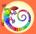 Abstract Illustration with glass rainbow lizard in circle on orange background