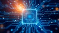 Abstract illustration of a glowing blue microchip with interconnected circuit lines, representing advanced technology, artificial Royalty Free Stock Photo