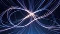 Abstract illustration of glowing, intertwining white and blue lines forming an infinity symbol on a dark background. Royalty Free Stock Photo