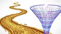 Abstract illustration of a golden liquid path and a glowing data funnel Royalty Free Stock Photo
