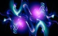 Abstract illustration of green, blue, white energy waves in a chaotic weave with purple glowing balls on the background Royalty Free Stock Photo