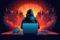 Abstract illustration of hacker in hood - computer security concept - city explosion - terrorism concept