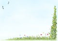 Abstract illustration, hand drawn and painted view of grass border with wild flowers, lapwing birds and butterflies Royalty Free Stock Photo