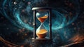 Abstract illustration of hourglass against the backdrop of the cosmos. Concept of elusive time, transience, and fleetingness of