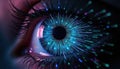 Abstract illustration of human eye iris, glowing with blue digital light lines, representing artificial intelligence, future Royalty Free Stock Photo