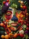 abstract illustration of a human face composed of different types of vegetables.