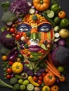 abstract illustration of a human face composed of different types of vegetables.