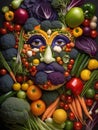 abstract illustration of a human face composed of different types of vegetables.