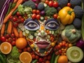 abstract illustration of a human face composed of different types of vegetables.