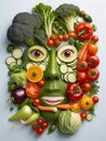 abstract illustration of a human face composed of different types of vegetables.