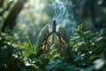 Abstract illustration of human lungs glowing and making smoke among green forest background Royalty Free Stock Photo