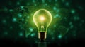 Abstract illustration incandescent bulb on world map in green color on dark green background, representing concept of global