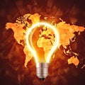 Abstract illustration incandescent bulb on world map in orange color on dark background, representing concept of global