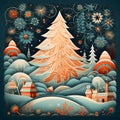 Abstract illustration, large Christmas tree snowy landscape and small houses. Christmas card as a symbol of remembrance of the Royalty Free Stock Photo