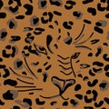 Illustration with leopard face. Vector seamless pattern with wild animal head. Tiger print with black spots on brown background. Royalty Free Stock Photo