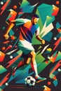 Abstract illustration of a male person running with a soccer ball made of geometric shapes