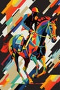 Abstract illustration of a man riding a horse in a competition