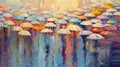 Abstract illustration with many open umbrellas. Rainy day. Generative AI. Illustration for cover, card, postcard, interior design