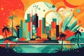 Abstract illustration Miami Holliday retro theme. Vivid colors. Generative AI