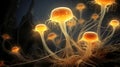 Abstract illustration of mushroom fungus hyphae mycelium tendrils, scary horrific creatures. Generative AI