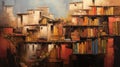 Oil painting of an old colorful town with a library, impasto style