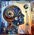 abstract illustration of passing time, patience, a human head , timeline relativity , clock mechanism