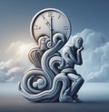 abstract illustration of passing time, patience, a human head , timeline relativity , clock mechanism