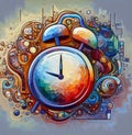 abstract illustration of passing time, patience, a human head , timeline relativity , clock mechanism