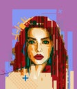 Abstract Illustration person vector art. Woman - female portrait. Model girl with red hair and red lip. Beauty face young lady.