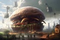 Abstract illustration - hamburger as an alien attacking the planet