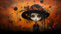 Halloween background with cute little girl in witch costume. Abstract. Halloween concept. Generative AI. Royalty Free Stock Photo