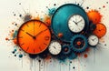 Abstract illustration of several clocks with gears, colorful splashes. Dynamic composition interplay of time, energy. Colorful