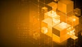abstract illustration showcasing interconnected golden-orange digital cubes and wireframes, suggesting complex systems, data Royalty Free Stock Photo