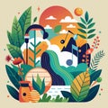 An abstract illustration showcasing a vibrant landscape with musical notes, plants, and a setting sun, Explore the connection Royalty Free Stock Photo